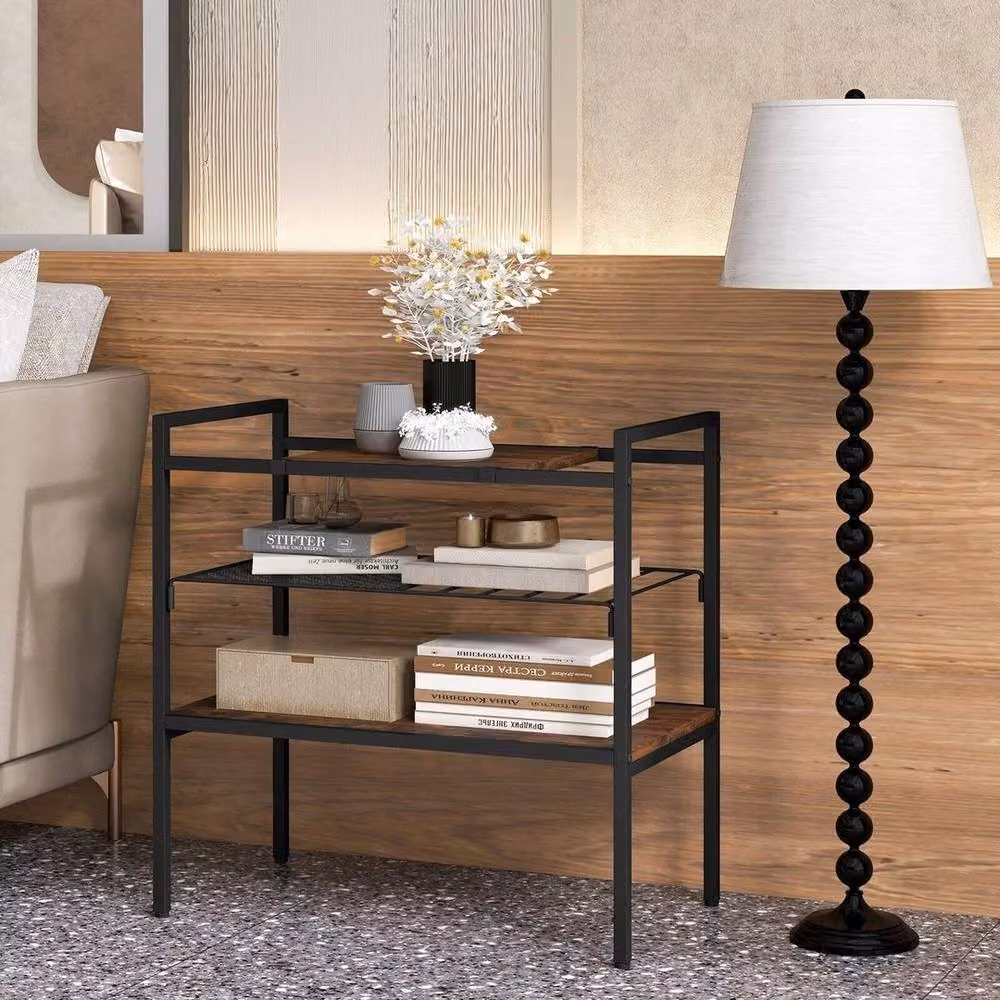FORGEVIO Industrial 3-Tier Black Metal and Wood Entryway Side Table – 5