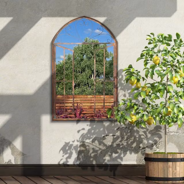 MirrorOutlet Kirkby Metal Arch Window Effect Garden Mirror in Bronze