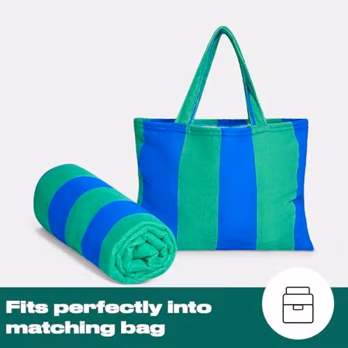 OHS Striped Microfibre Beach Towel with Pocket and Bag, Blue and Green, W: 75 cm, L: 215 cm – 4