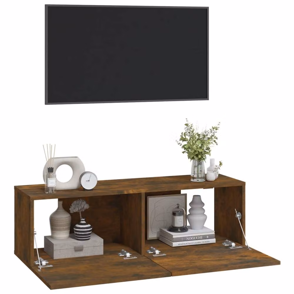Berkfield Home Set of 2 Wall Mounted TV Cabinets in Smoked Oak Brown, W/D/H: 100 x 30 x 30 cm – 3