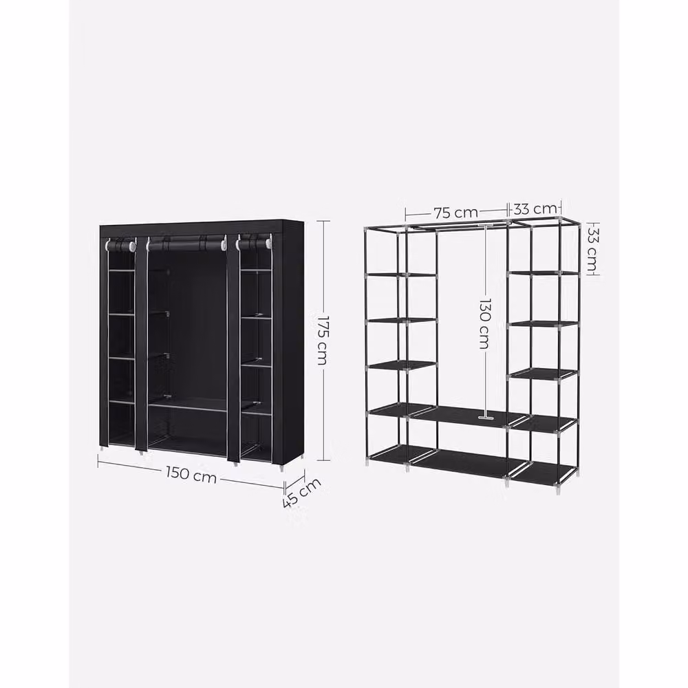 The Bazaarist Portable Fabric Wardrobe with Metal Frame and Roll Shutter Cover, Black, H 175.0 cm x W 150.0 cm – 3