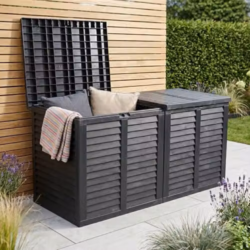 Jack Stonehouse JSH Extra Large Waterproof Garden Storage Box, 750L Plastic Outdoor Deck Box in Grey and Beige, W/D/H: 155 x 80 x 66 cm