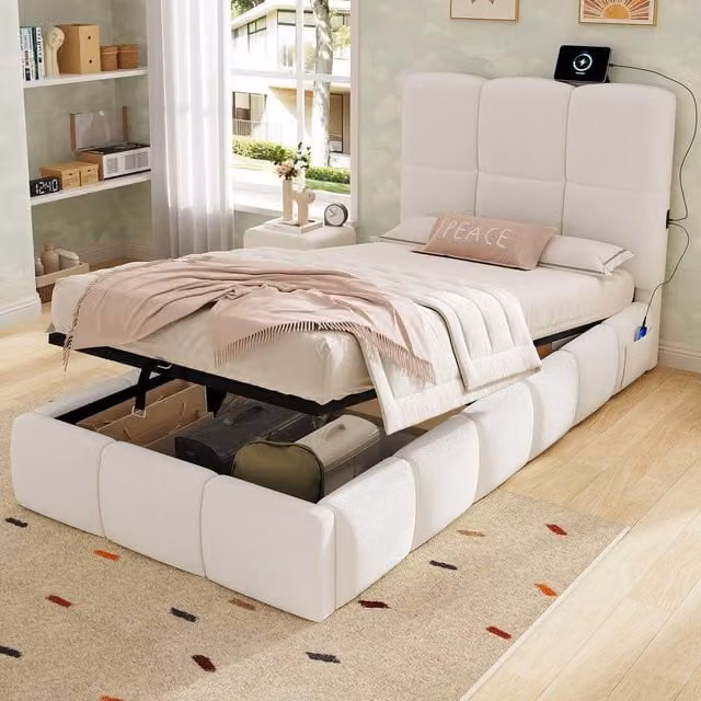 Merax White Bouclé Upholstered Single Ottoman Bed with Tufted Headboard and USB Charging Port, W/D/H: 90 x 190 x 150 cm – 1
