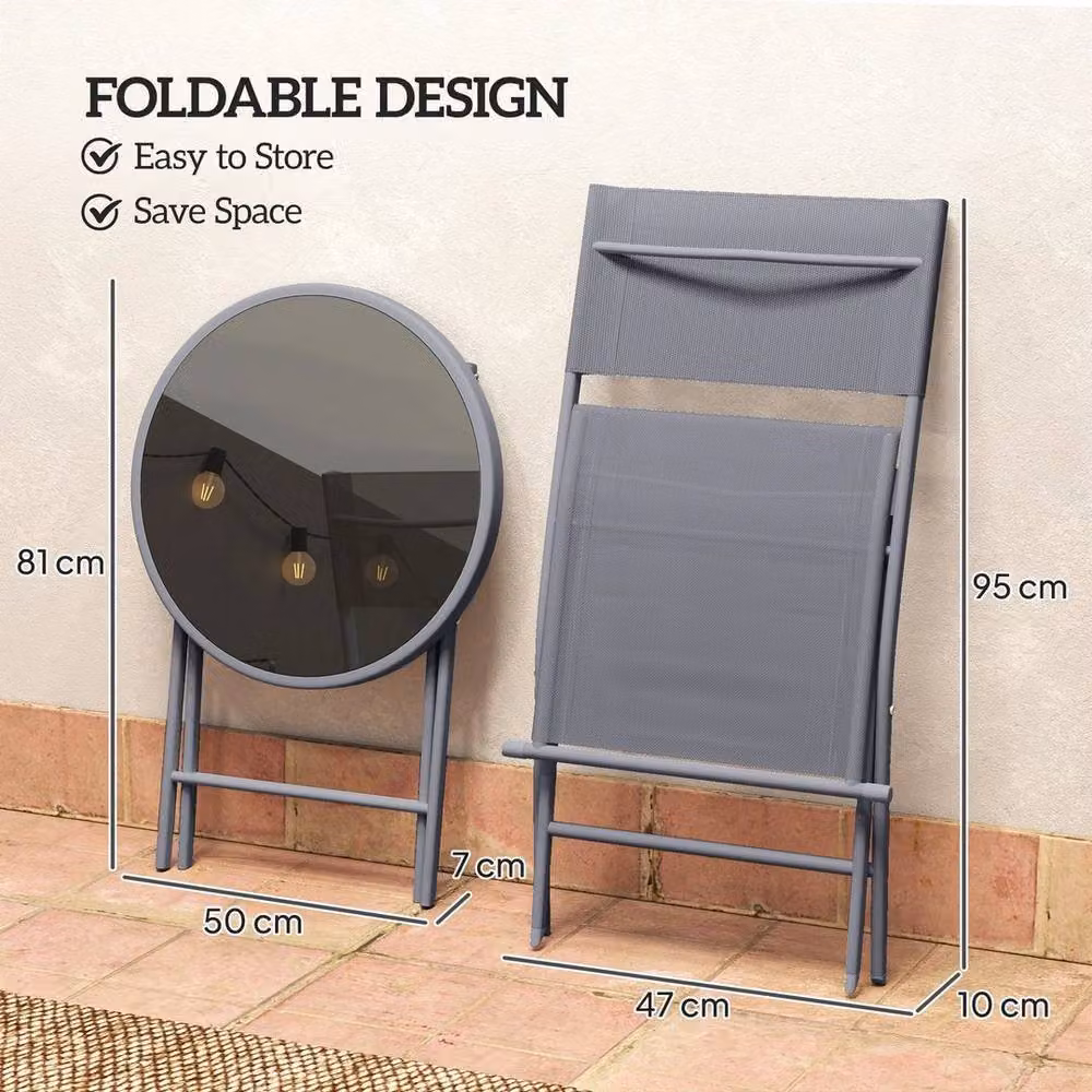 EONLION 3 Piece Grey Outdoor Bistro Set with Round Matt Glass Top – 3