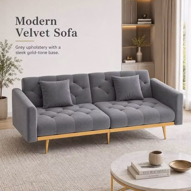 STILVORA 2-Seater Grey Velvet Upholstered Sofa with Adjustable Headrest and Solid Wood Frame – 1