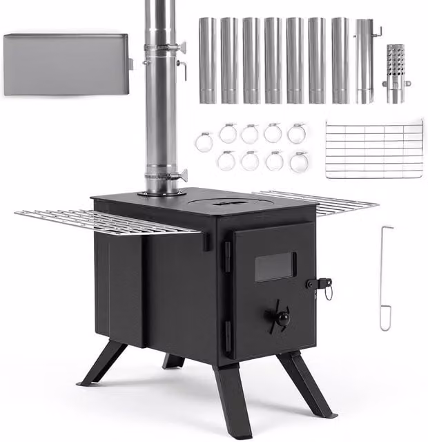 Costway Hot Tent Wood Burning Stove with Ash Tray and 8 Chimney Pipes, Black – 1