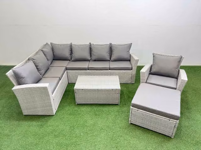 Fimous 8 Seater PE Rattan Garden Furniture Set with Large Stool in Light Grey