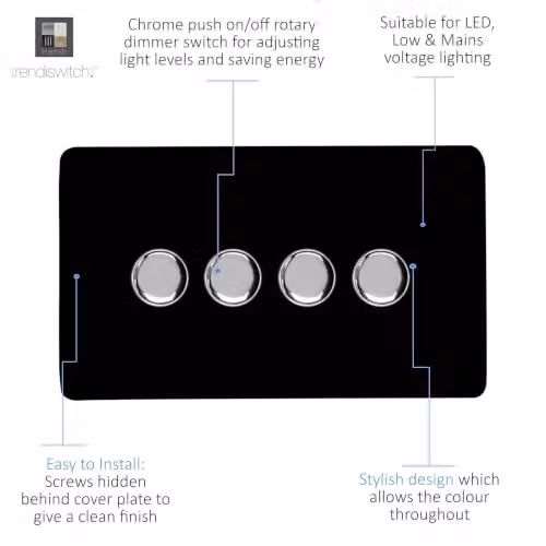 Trendi Switch 4 Gang 1 or 2 Way 150w Rotary LED Dimmer Light Switch in Piano Black – 2