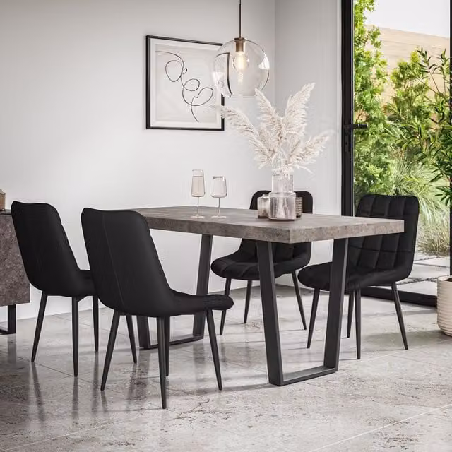 More4Homes Aria Dining Table and 4 Nova Faux Leather Chairs Set, Concrete Effect Rectangular Table with Black Metal Legs – 1