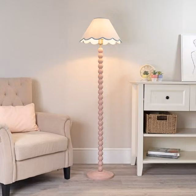ValueLights Bobbins Rose Pink Floor Lamp with Blue Fabric Scallop Shade and LED Bulb