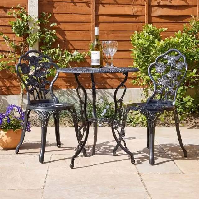 Home Source Rose 2 Seater Bistro Set in Matt Black Powder Coated Aluminium