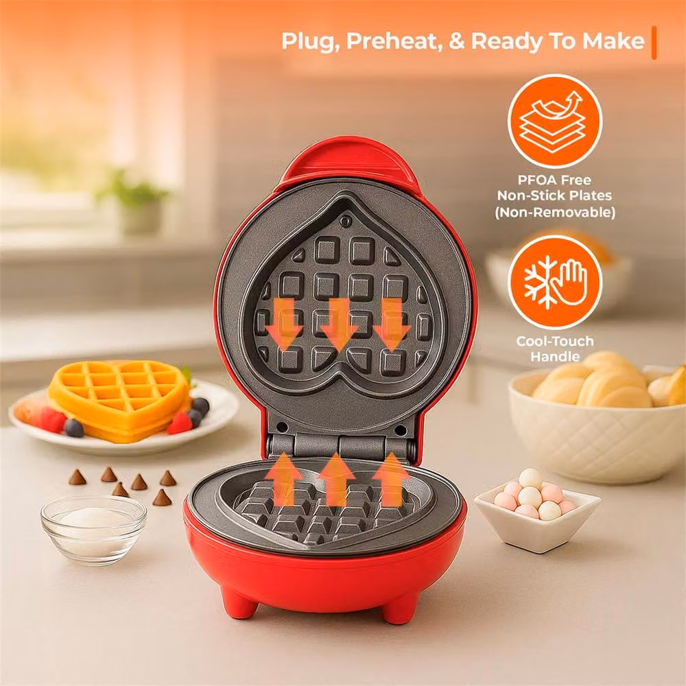 SPETLEK Mini Heart Shaped Waffle Maker 550W with Non Stick Coating in Red – 2