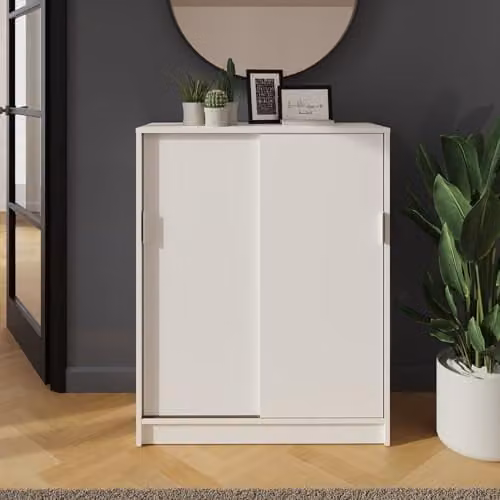 GFW Leighton Sliding Door Shoe Cabinet, White Matt Hallway Storage Unit, W/D/H: 100 x 39 x 80 cm – 1