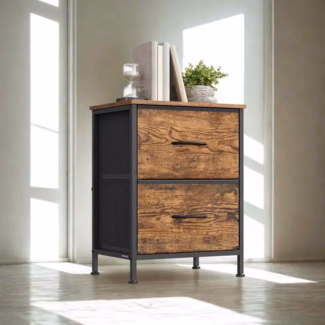 The Bazaarist Industrial Bedside Table with 2 Drawers in Brown and Black