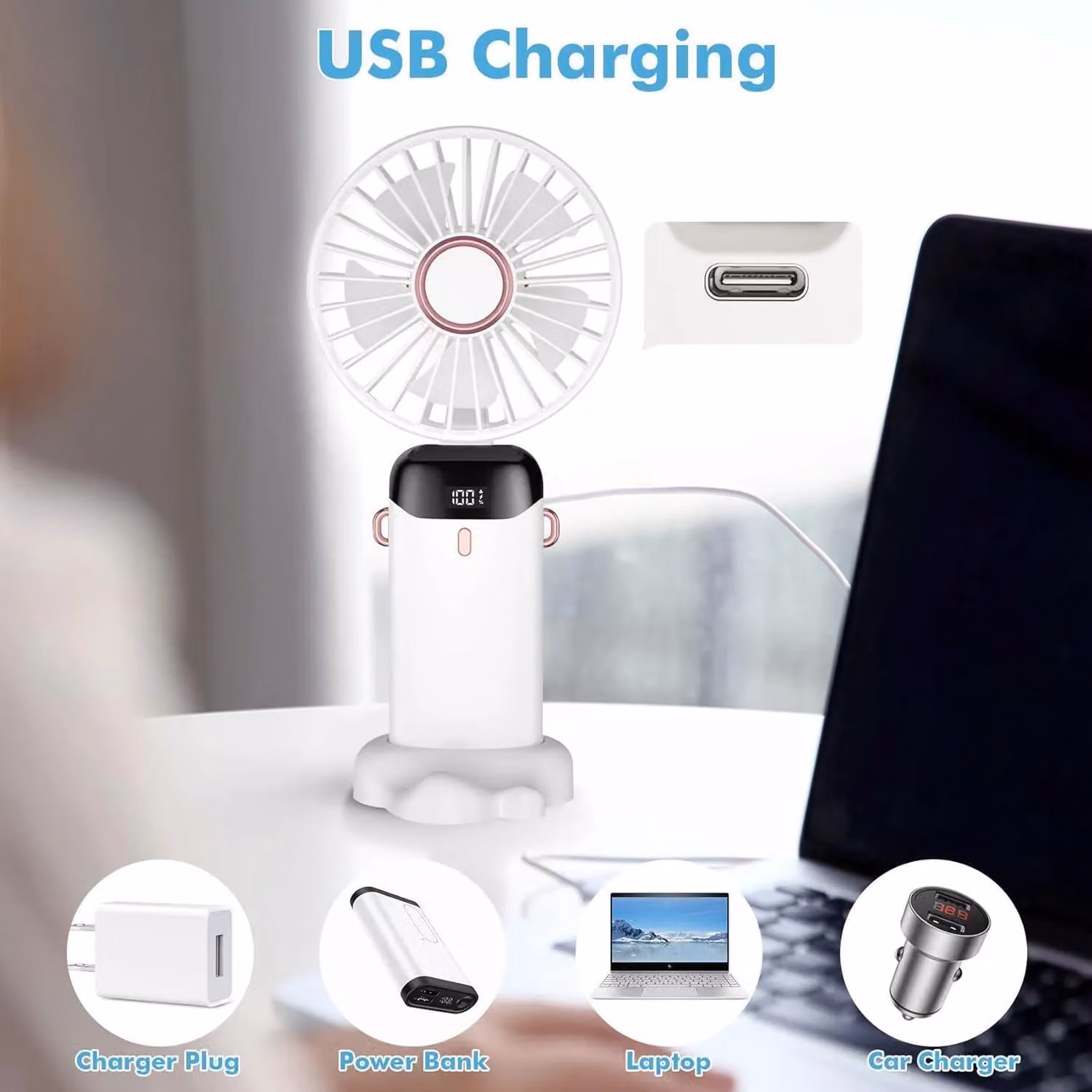 Dyzi 2-in-1 Portable Mini Handheld Desk Fan, USB-C Rechargeable, White – 2