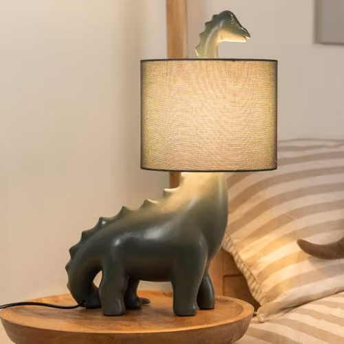 ValueLights Green Dinosaur Kids Table Lamp with Fabric Drum Shade – 3