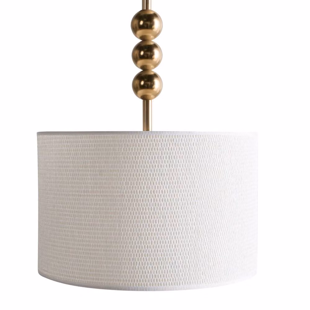 Wyld and Coco Mid-Century Brass-Plated Iron Pendant Lamp with White Fabric Drum Shade in Bronze and Gold – 2