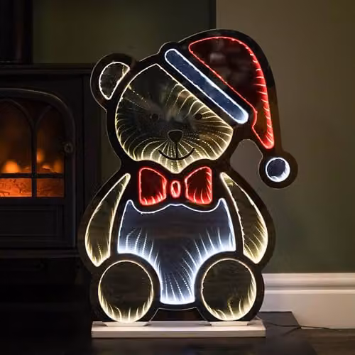 Samuel Alexander Multicolour Light Up Teddy Bear in Santa Hat Christmas Infinity Decoration with LEDs, Height: 60 cm