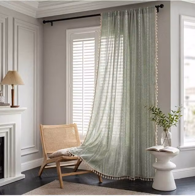 Living and Home Bohemian Green Faux Linen Striped Curtain with Tassels, Height: 260 cm
