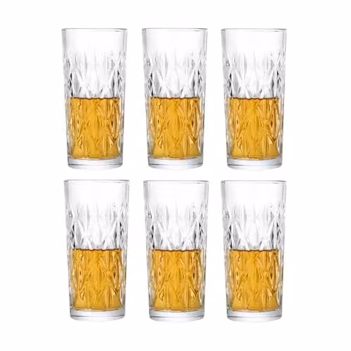 Simpa Set of 6 Geometric Textured Highball Tumbler Glasses, 330ml, Transparent