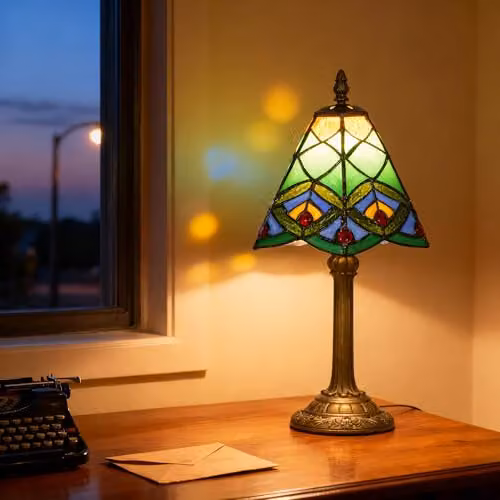 HOMCOM Tiffany-Style Table Lamp with Geometric Glass Patterns in Green and Bronze, E27 Socket – 8
