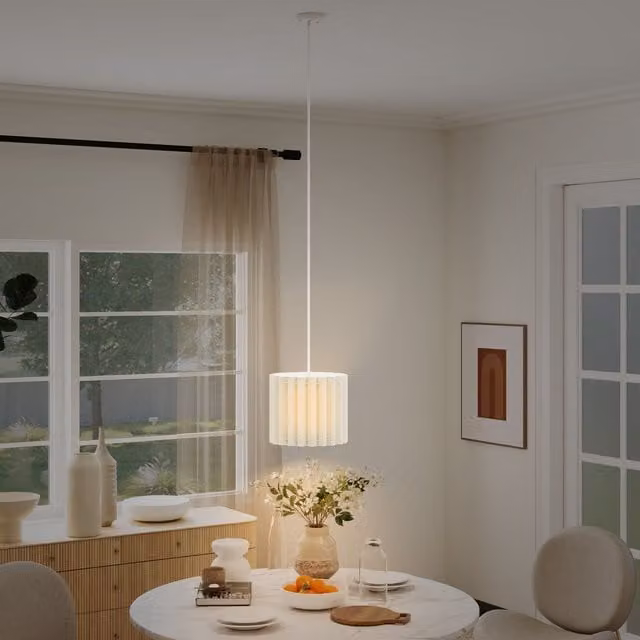 HOMCOM White Linen Fabric Pendant Light with E27 Lampshade – 1