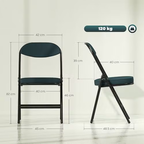 HOMCOM Set of 4 Stackable Folding Chairs with Padded Fabric Seats and Metal Frame in Petrol Blue – 3