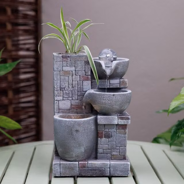 Primrose Cascading Bowls Tabletop Water Feature with Sphere and LED Lights in Grey Rustic Stone