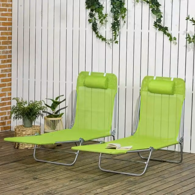 OUTSUNNY 2 Piece Folding Sun Loungers with Adjustable Headrest and Pillows, Green