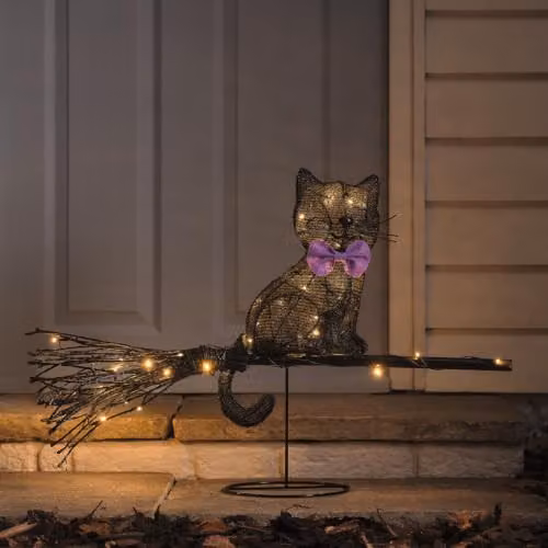 Lights4fun Cat on a Broom Outdoor LED Halloween Decoration in Yellow, Purple, Black and White – 2