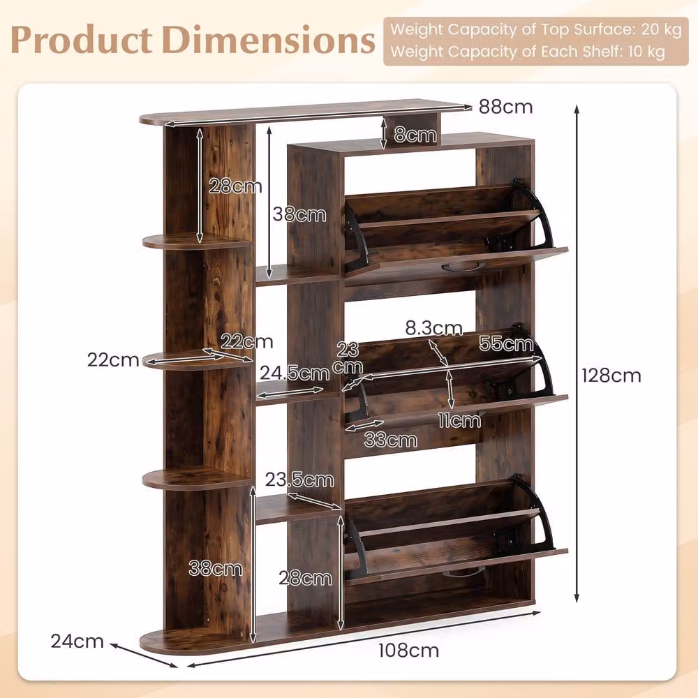 Costway Freestanding Shoe Storage Cabinet with 3 Tilting Compartments in Brown – 2