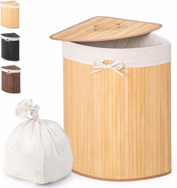 Costway 58L Bamboo Laundry Basket with Lid and Removable Bag in Beige and Brown