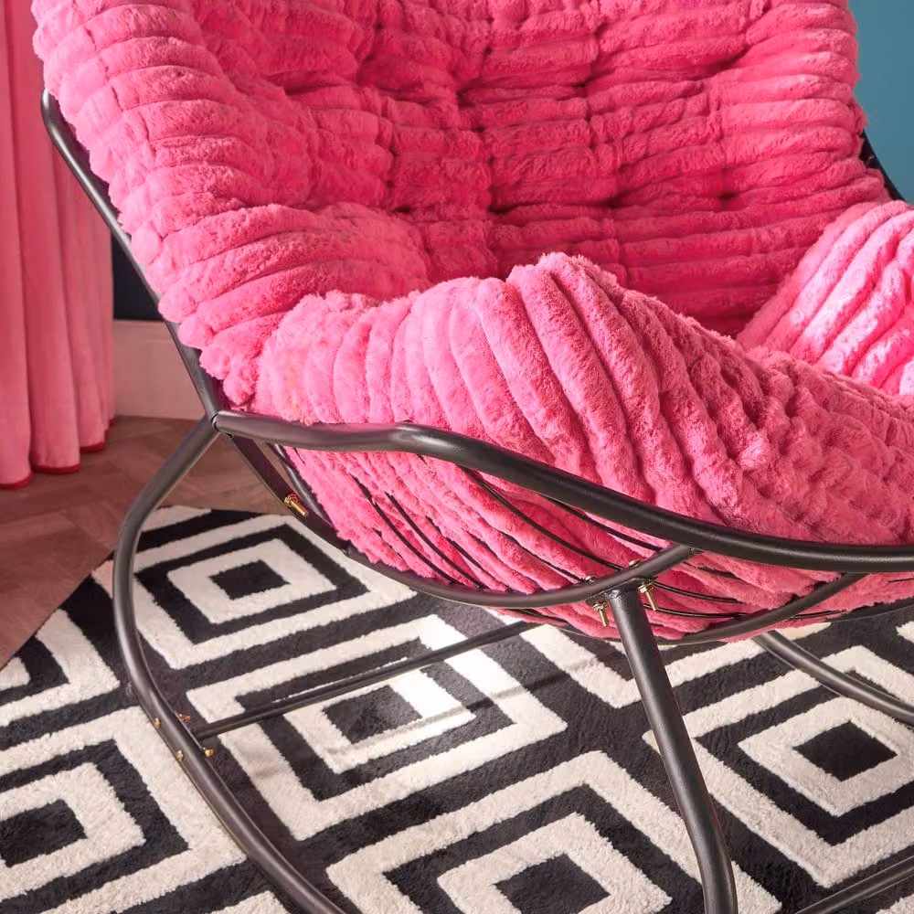 OHS Ribbed Faux Fur Rocking Chair with Metal Frame in Bright Pink – 2