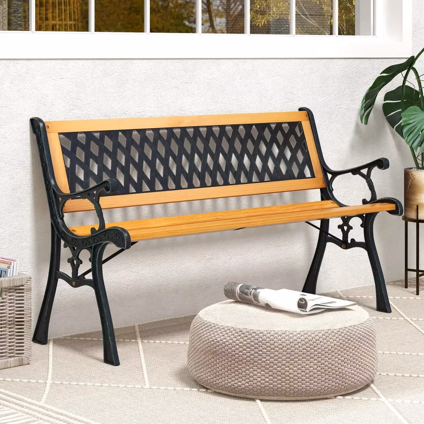 Costway Black Outdoor Garden Bench Loveseat with Wood Slats and Metal Frame – 3