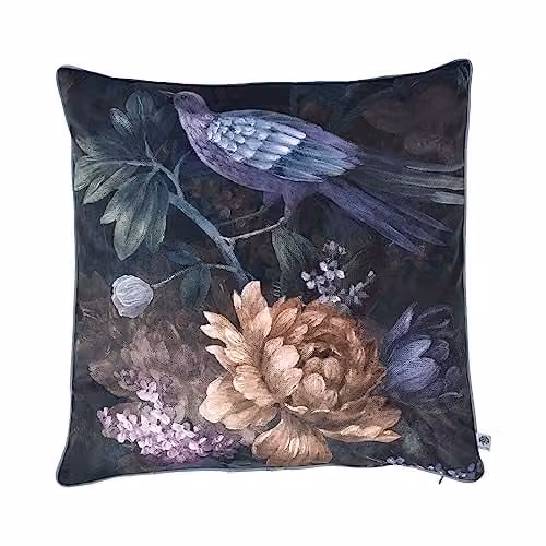 Appletree Floral and Nature Velvet Cushion in Blue and Multicolour, W/D/H: 55 x 55 x 55 cm
