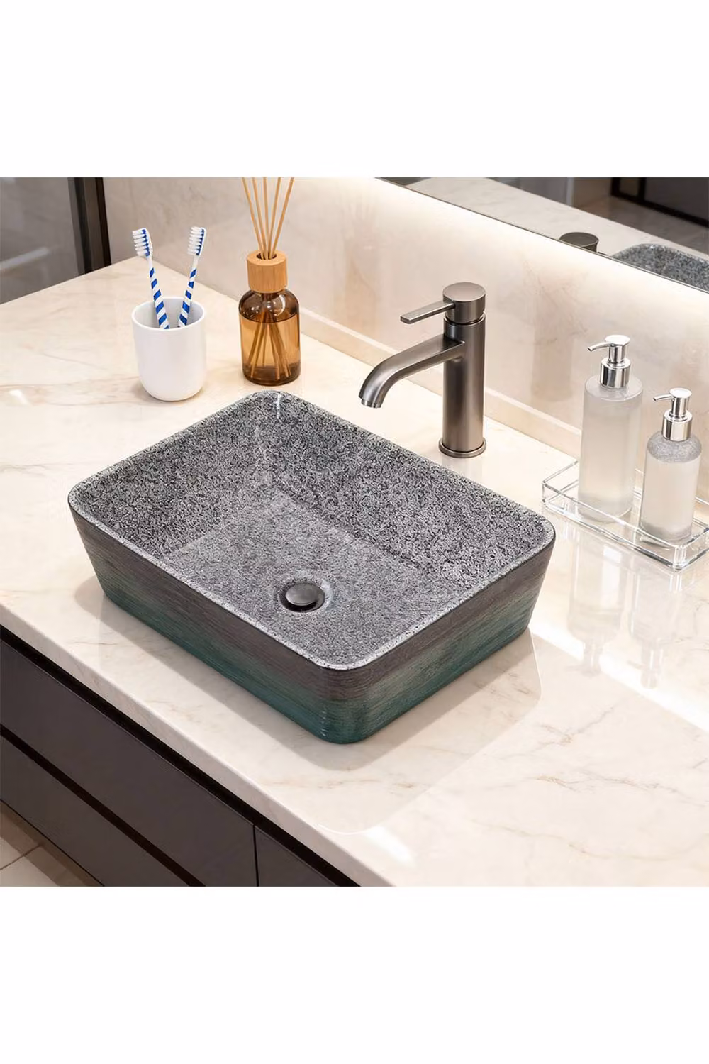 Living and Home Rectangular Ceramic Countertop Vessel Sink with Waste Kit in Grey and Multicolour, W/D/H: 40 x 31 x 13 cm – 2
