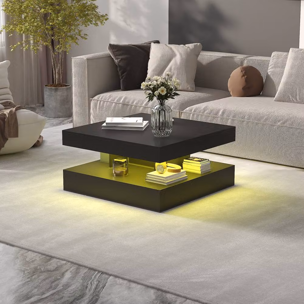 KEEPREAPER Black Square 2-Tier Coffee Table with LED Light and Storage – 2