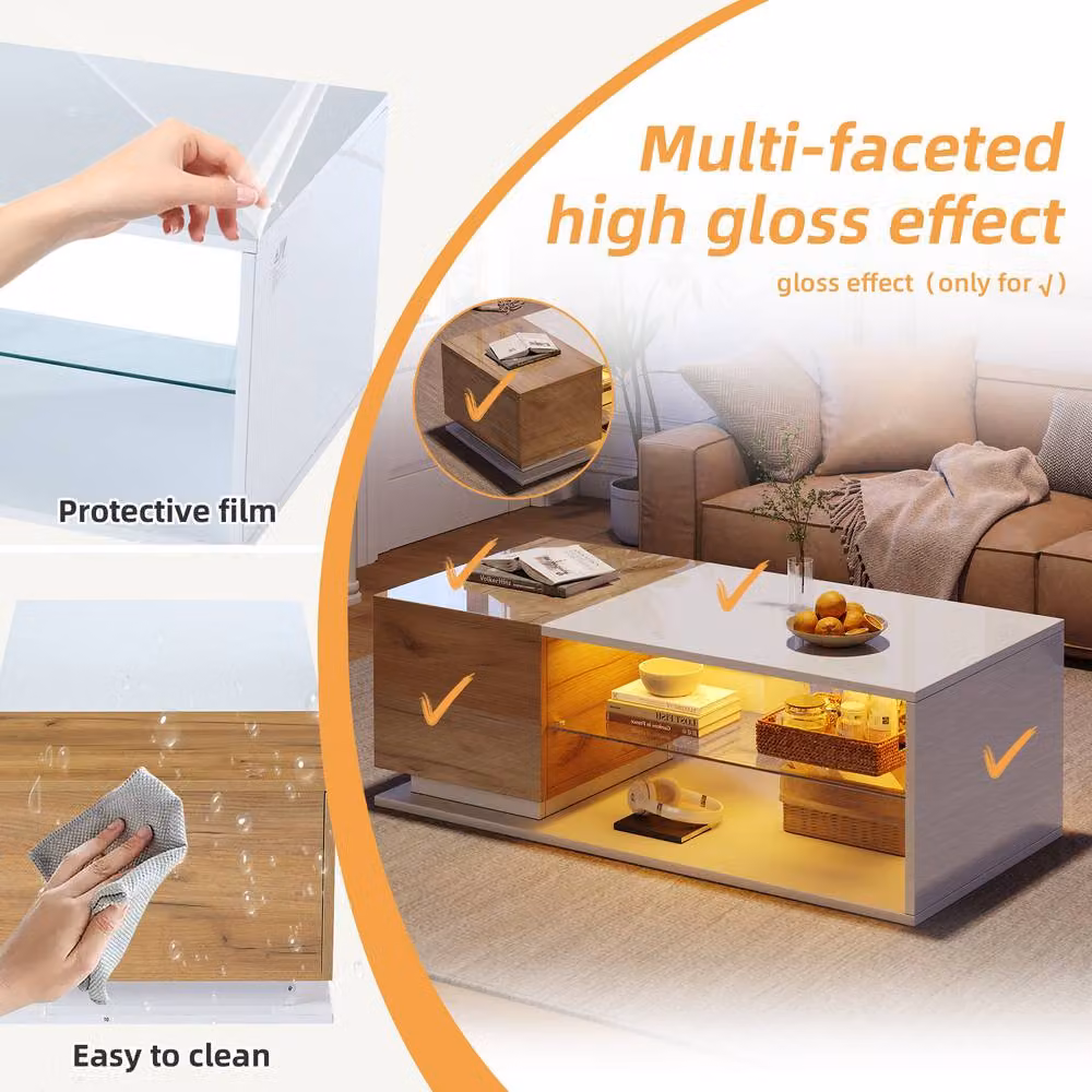 ModernLuxe High Gloss LED Coffee Table with Glass Shelves and Door in White and Multicolour, W/D/H: 126 x 50 x 36 cm – 4