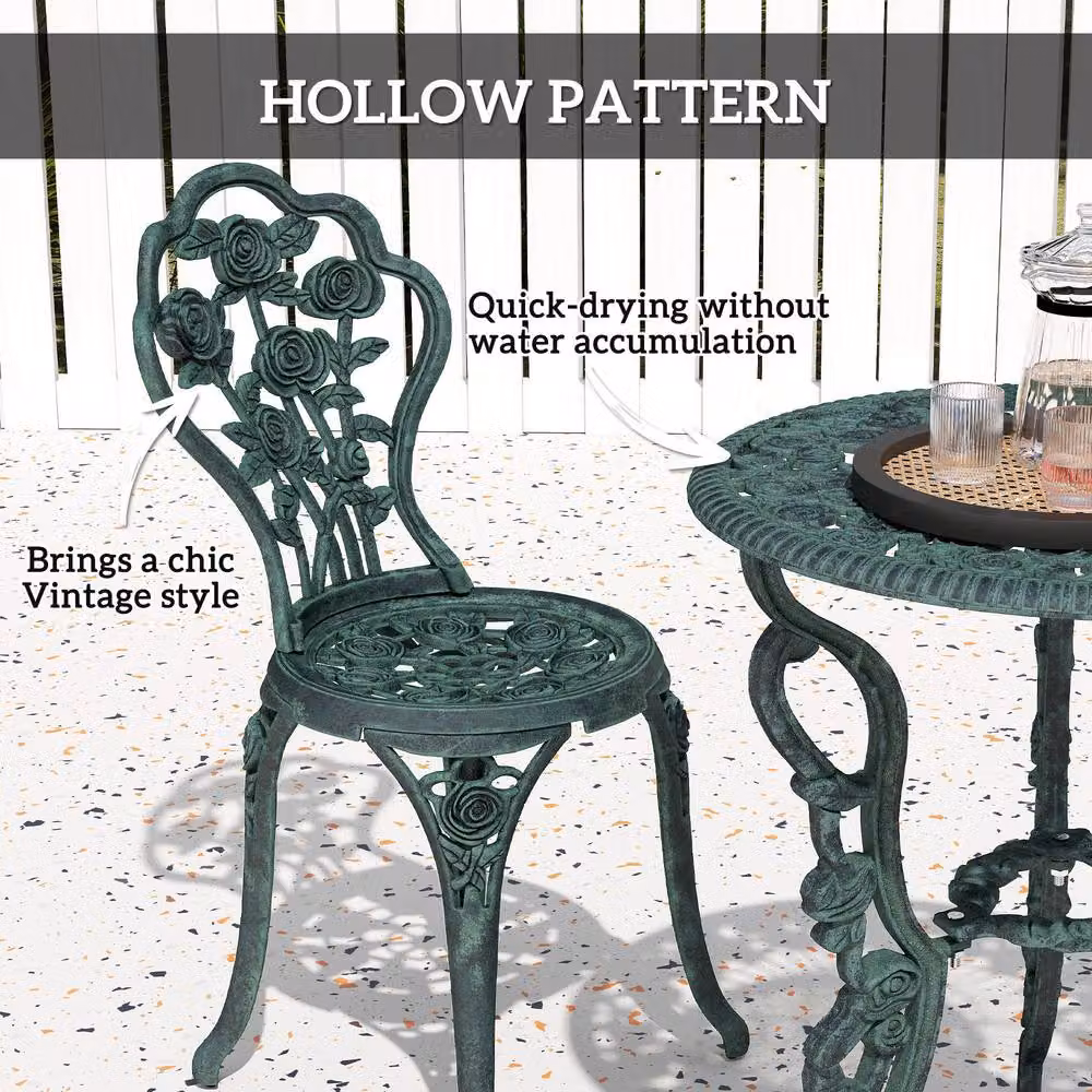 OUTSUNNY 3 Piece Metal Bistro Set with Round Table and 2 Chairs in Antique Green – 4