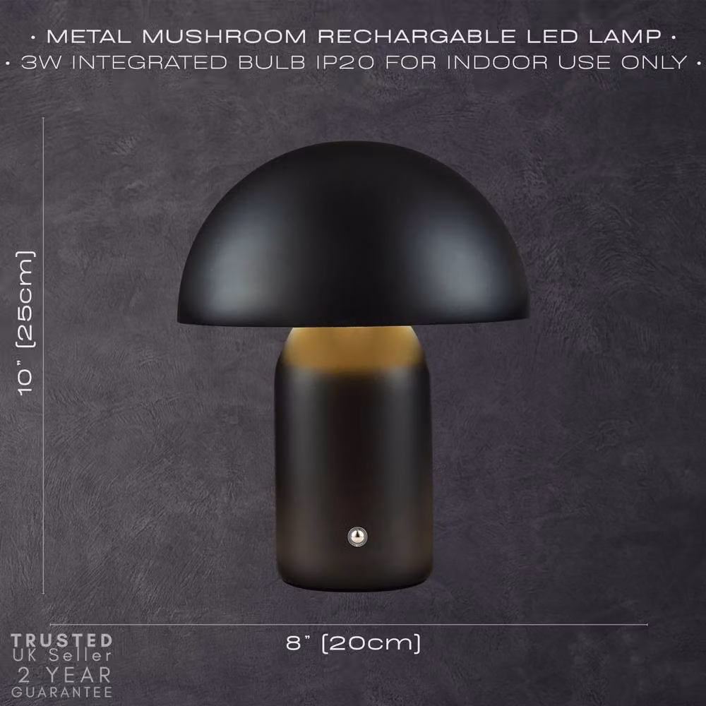 Happy Homewares Modern Rechargeable Mushroom Table Lamp with Touch Dimmer in Black, Height: 25.4 cm – 6