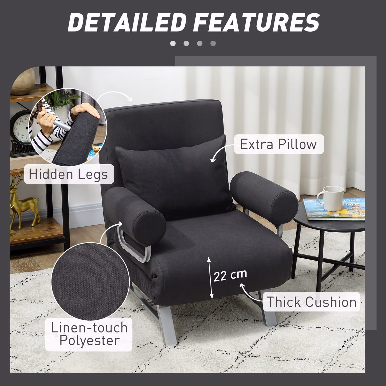 HOMCOM 3-in-1 Convertible Single Sofa Bed with Adjustable Backrest and Removable Armrests, Black – 6