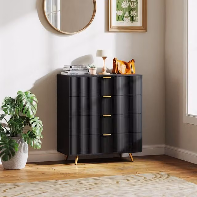 HOMCOM Modern Black Bedroom Chest of Drawers with 4 Fluted Drawers and Gold Accents