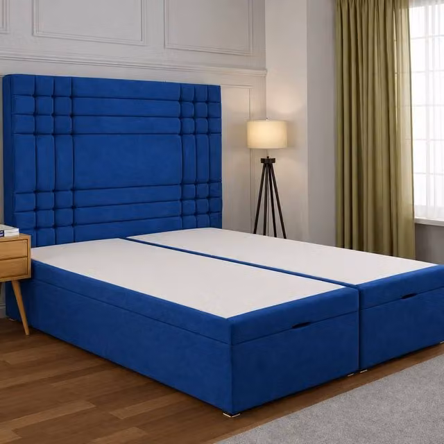 Soft Snooze Beds Modern Ottoman Storage Bed with Panelled Headboard in Blue Velvet, W/D: 180 x 200 cm