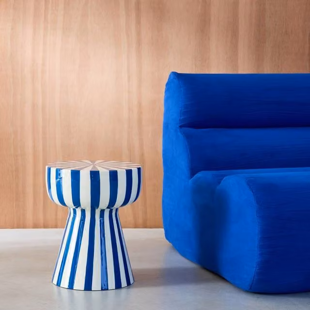 sweeek Modern Round Blue Enamelled Steel Side Table with Striped Design, W/D/H: 41.0 x 34.0 x 75.0 cm – 1