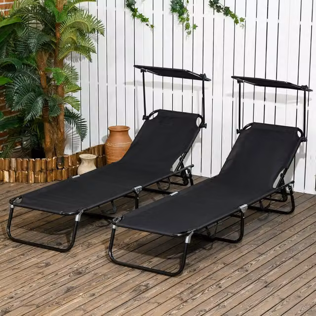 Outsunny Set of Two Folding Sun Loungers with Adjustable Backrest and Sunshade in Black