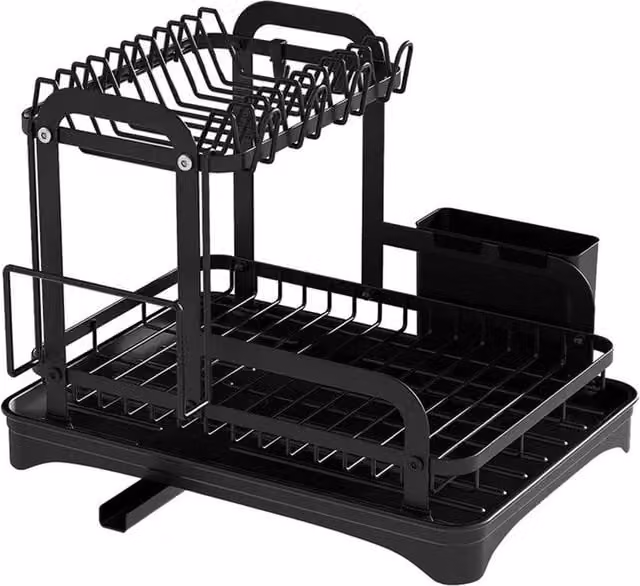 EONLION Black Coated Steel Dish Drainer Rack with Cutlery and Cup Holders, Width: 100 cm