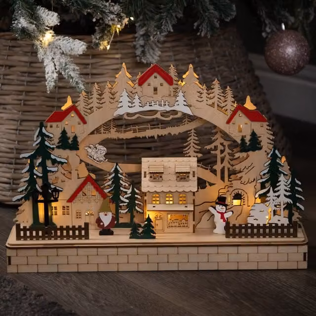 Samuel Alexander Rustic Wooden Christmas Alpine Scene with Multicolour LEDs, 40 cm