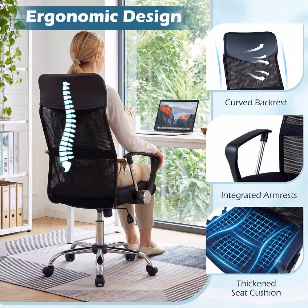 Costway Black Mesh Office Chair with Reclining Backrest, Armrests and Swivel Function for Home Office – 8