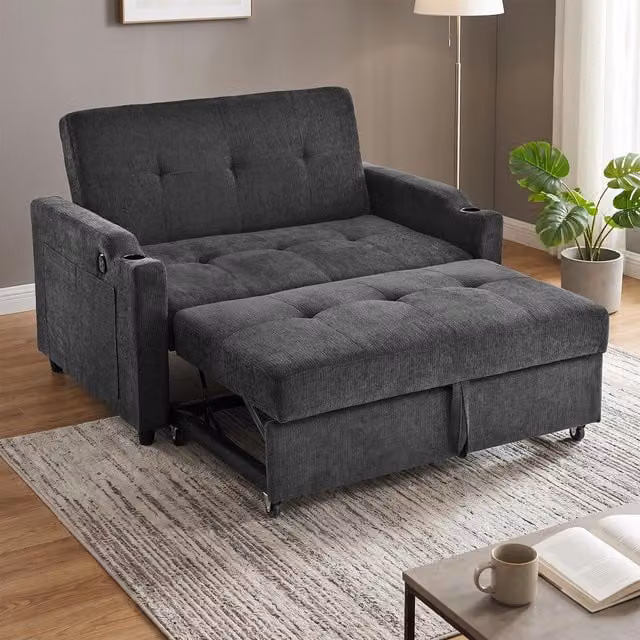 Aosom UK Convertible Sofa Bed with Adjustable Backrest, USB and Type-C Charging, Cup Holder and Pull-out Drawer, Dark Grey, W/D/H: 173 x 135 x 58 cm – 1