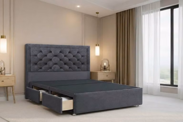 Chester & Oakley Valencia Plush Divan Bed Base with 2 Drawers and 54 inch Headboard, Grey, W/D/H: 140 x 200 cm